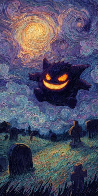 a painting of a black cat with glowing eyes in the night sky over graveyards Ghost Pokemon Halloween Cool Art, Ghost Pokemon, Pokemon Backgrounds, Cool Pokemon, dark slate gray