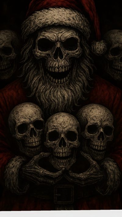a drawing of santa claus with skulls in his arms and beards on the chest Halloween Santa Claus Gothic Aesthetic, Skull, Father Christmas, Scary Santa Claus, black