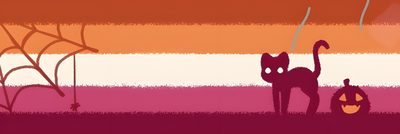an orange and pink striped background with a black cat standing next to a spider web Lesbian Halloween Witch Lesbian Flag, Lesbian Flag Banner, Lesbian Flag Header, Lesbian Flag Pc, indian red