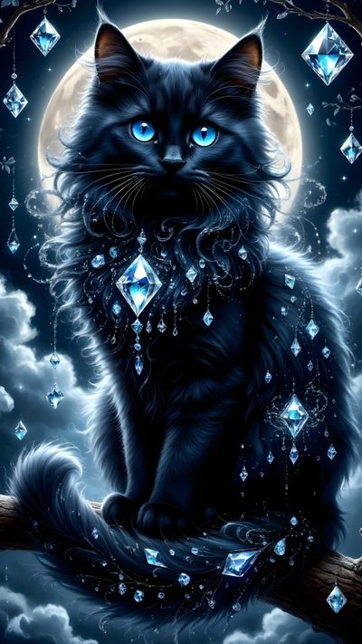 a black cat sitting on top of a tree branch in front of a full moon Black Cat Diamonds For Halloween In Cat Painting, Phone, dark slate gray