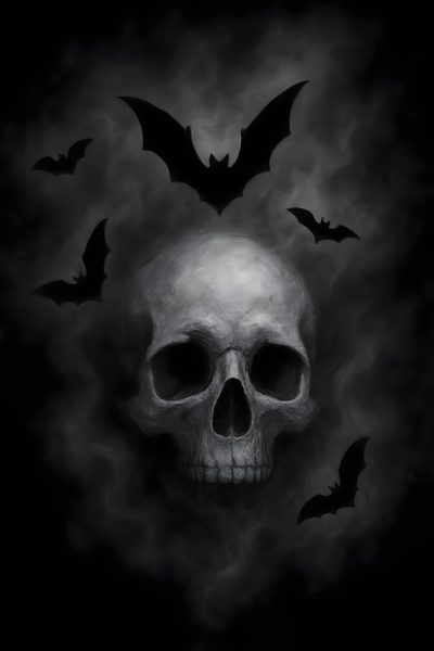 a skull with bats flying around it Halloween Skull And Bat Skull With Bat Wings, Dark Skulls, black