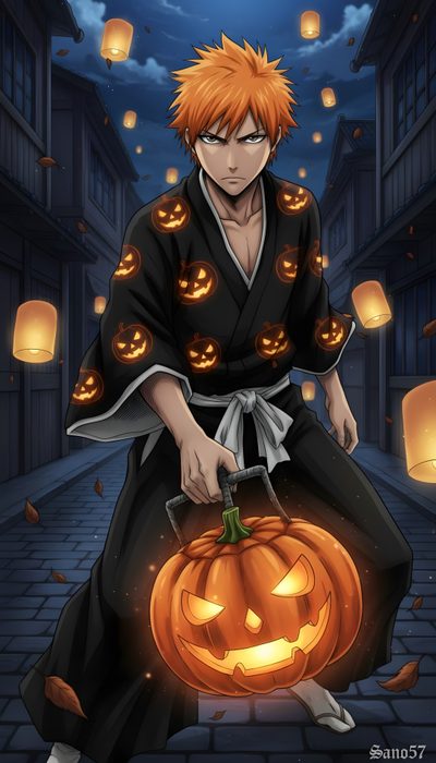 an anime character holding a pumpkin in his hand Bleach Halloween Bleach Halloween Art, dark slate gray