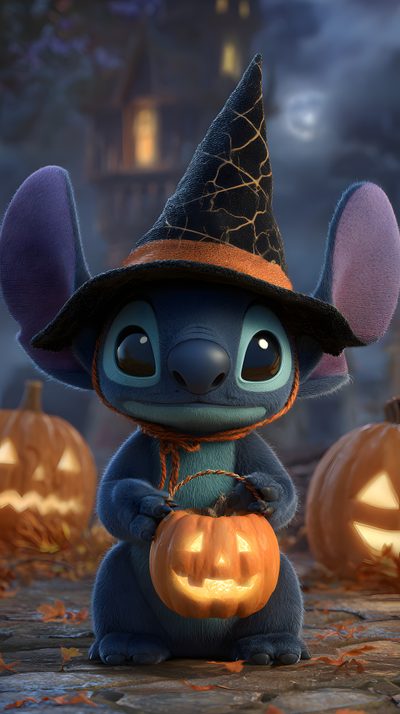 a little mouse dressed as a witch holding a jack - o'- lantern in front of some pumpkins Lock Screen Stitch Halloween Silly Skeleton, Pumpkin, Stitch Quote, Beloved Movie, Cat Lounge, dark slate gray