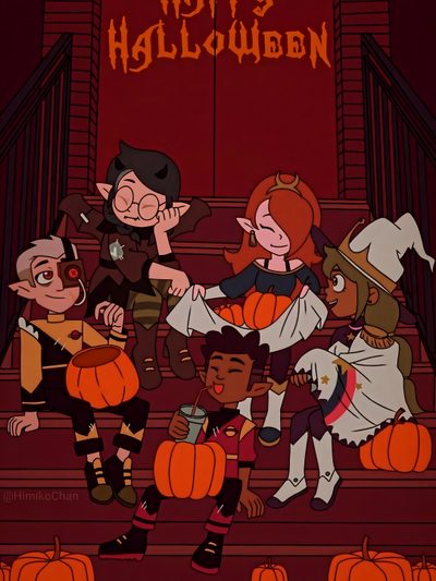 an animated halloween scene with pumpkins on the steps and witches in costumes around them The Owl House Halloween Luz Amity And Hunter, Owl House, Gravity Falls, Steven Universe, Duck Tales, maroon