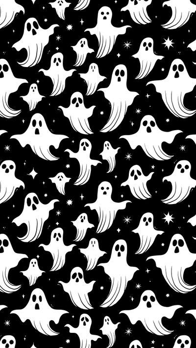 a black and white pattern with ghost faces on it's face, in the night sky Halloween Spooky Ghost Pattern Ghost Pattern, Black And White Ghost, Halloween Ghost Pattern Design,