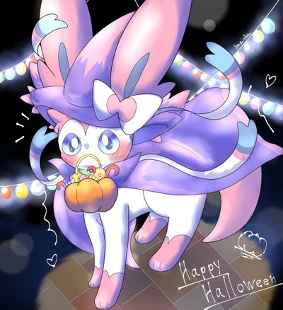 a very cute looking cat with some lights around it Halloween Sylveon Hd Pokémon, Pokemon, medium purple