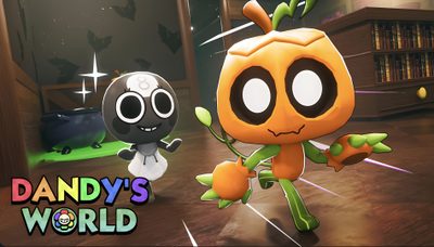 two cartoon characters standing in front of each other on a wooden floor with the caption dandy's world Dandys World Halloween Toons Dandy, dark olive green