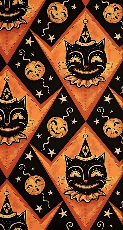 an orange and black pattern with cats on it Old School Halloween Art Facile Gribouillage, Vintage Halloween Art, Halloween Iphone Backgrounds, saddle brown