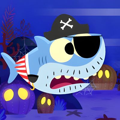 a cartoon fish with a pirate hat and eye glasses in front of some corals Baby Shark Halloween Pinkfong Halloween Zombie Sharks, Baby Shark Halloween Sing Along Super Simple Songs, Baby Shark Halloween Printables, dark slate blue