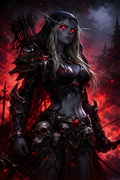 a woman dressed as a demon with red eyes and horns on her head, standing in front of flames World Of Warcraft Halloween Night Elf Wow Art, World Of Warcraft Art, Wow Blood Elf Demon Hunter, black