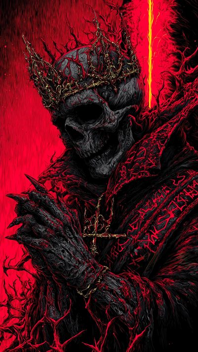 a painting of a skeleton wearing a crown and holding his hands in front of him Halloween For Men 3d Horror, Skull, Horror Aesthetic, Evil Fantasy Art, Skeleton Pic, Horror Asthetic, black