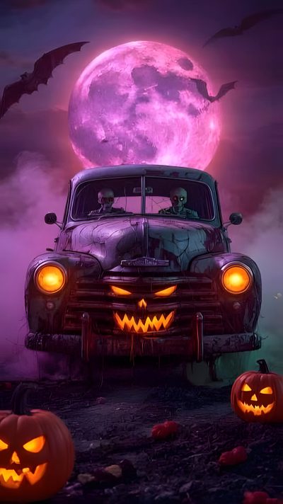 an old car with carved pumpkins in front of it and a full moon behind it Halloween Car Halloween Live, Scary Photos, Halloween Party Poster, Halloween Cute, dark slate gray
