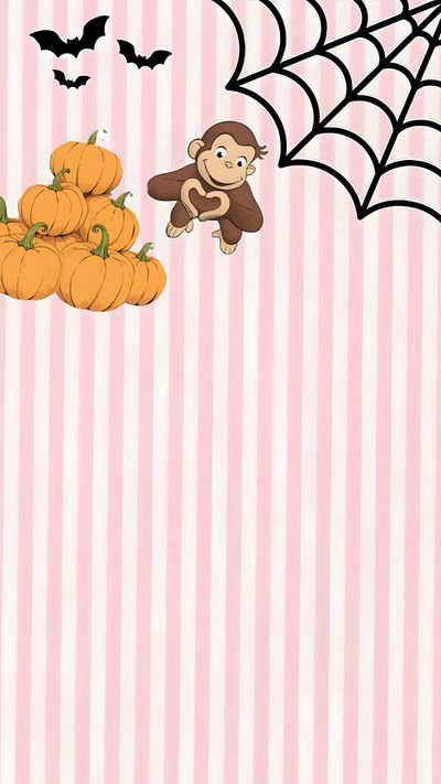 a pink and white striped wallpaper with a monkey on top of some pumpkins Halloween Monkey Halloween Monkey, Pink Disney Halloween, Girly Halloween Border, misty rose