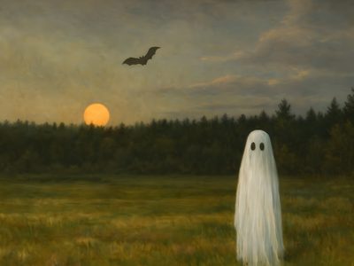 a painting of a ghost standing in a field Vintage Halloween Desktop Free Desktop Spooky, Halloween Laptop Aesthetic, Computer, dark olive green