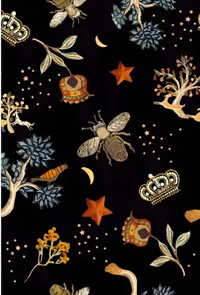 a black background with gold and silver designs on it's sides, including bees, stars, and trees Halloween Bees Accent Ideas Bug Art, Black Bee, Sparkly Bee Pattern, Bee Digital, Gucci Bee, Dark Bee,