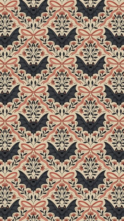 an ornate pattern with black, red and beige colors Halloween Bat Pattern Popular Patterns And Prints, Halloween Background Aesthetic, Print Repeat, rosy brown