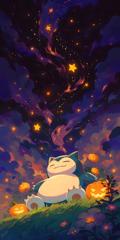 a cat sitting on top of a lush green field under a sky filled with stars Halloween Snorlax Halloween Snorlax, Aesthetic Pokemon Iphone, Pokemon Birthday, Snorlax Fanart, midnight blue