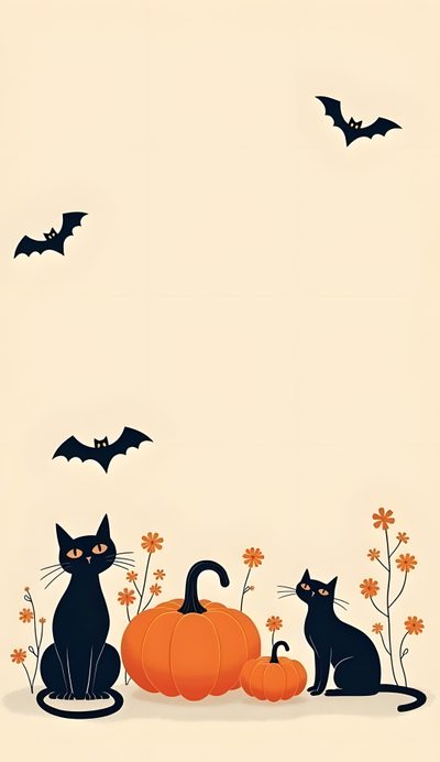 two black cats sitting next to each other on top of a field with bats and flowers Halloween - Bats And Cats - Cream Cute Halloween With Cats, Halloween Black Cat Background, Happy Halloween Cute, blanched almond