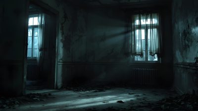 an empty room with sunlight coming through the windows and peeling paint on the walls, Halloween Creepy Place Haunted Room Background Hd, Haunted Room Background, Dark Abandoned Interior Scenes, black