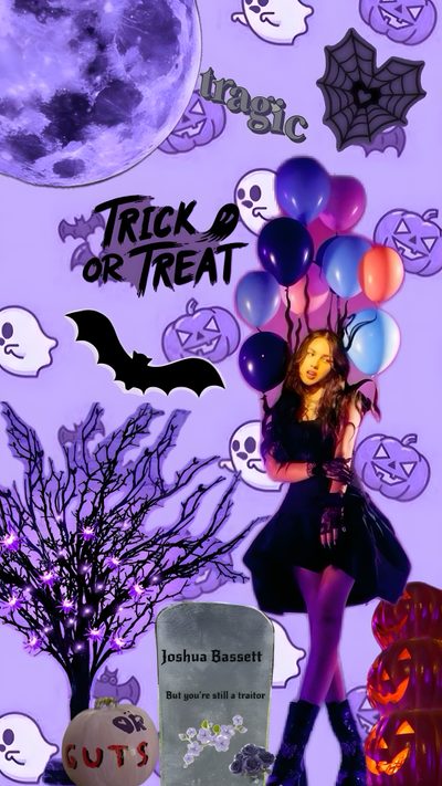 a girl with balloons in her hand and a halloween theme on the wall behind her Halloween Olivia Rodrigo Halloween, Best Friends Forever, Pop Star, Trick Or Treat, Phone, medium purple