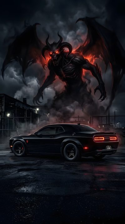 a black car parked in front of a demon Halloween Hellcat Dodge Srt, Balerion The Black Dread, Dodge Challenger Srt, 8k, Ram Trucks,