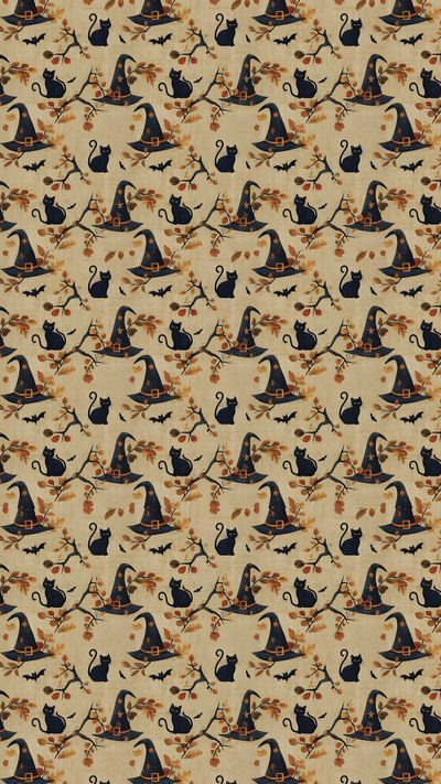 a pattern with black cats and pumpkins on it Halloween Autumn Small Scale Halloween Aesthetic Iphone, 90s Halloween Aesthetic, Vintage Halloween Phone, dark khaki