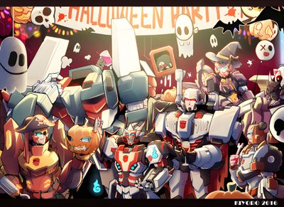 a group of cartoon characters standing next to each other in front of a halloween sign Transformers Halloween Transformers New Years, Transformers Halloween Art, Transformers Group Picture, dim gray