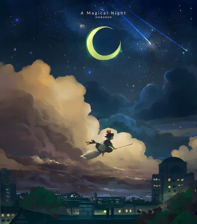an anime character flying through the night sky with a crescent moon in the background and stars above Studio Ghibli Halloween Osono Kikis Delivery Service, Kiki And Osono, Kikis Delivery Service Flying Scene, dark slate gray