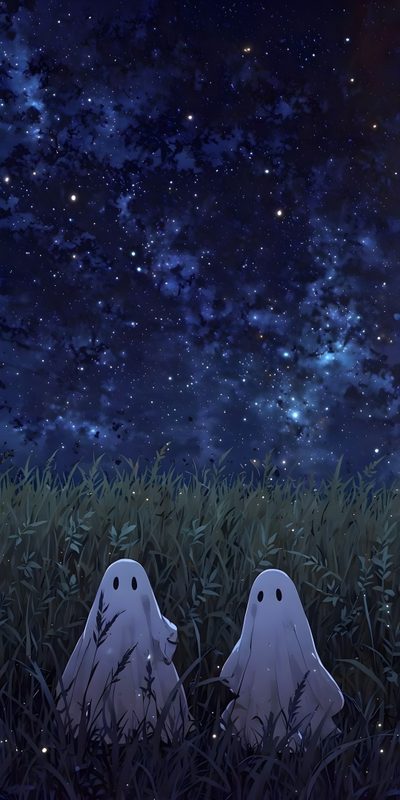 two ghost heads sitting in the grass under a night sky filled with stars and clouds Cute Light Blue Halloween Matching Halloween, Ghost Iphone, Ghost Phone Aesthetic, Spooky,