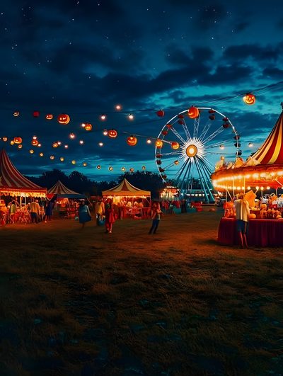 a carnival at night with people walking around the fairground and lights in the sky Halloween Carnival The Carnival, Autumn Carnival, Country Carnival, Fall Carnival Background, black