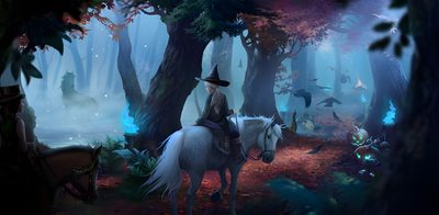 a man riding on the back of a white horse through a forest filled with trees Star Stable Halloween 1920x1080 Fantasy Horse Riding, Stables Fantasy Art, Fantasy Horse Stable, dark slate gray