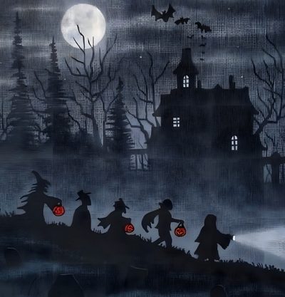 Trick or Treat Halloween Scenes, Halloween Landscape Drawing, Halloween Scene Drawing, Spooky Scenes, All Hallows Eve Art, All Hallows Eve Pictures, Classic Halloween Pictures, Old Halloween Art, Spooky Scene Drawing Halloween Trick Or Treat Halloween Scenes, Halloween Landscape Drawing, Halloween Scene Drawing, dark slate gray