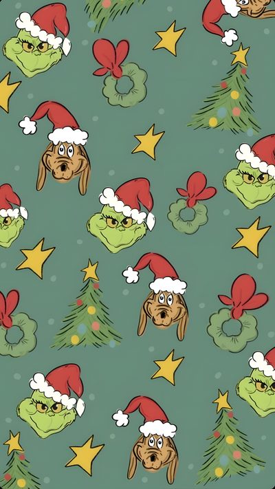 the grin face is wearing a santa hat and surrounded by green stars on a blue background Grinch Halloween Cute Christmas Iphone Grinch, Cute Christmas Grinch Backgrounds, Grinch Cute Christmas Backgrounds, slate gray