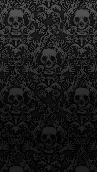 a black and white wallpaper with skulls on it's back ground, in the middle Damask Halloween Sf, Goth, Gothic, Skull, Damask, Black Skulls,