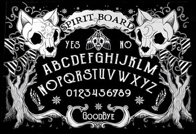 an old fashioned font with two skulls on the front and bottom, surrounded by trees Halloween Ouija Board Vintage Ouija Board With Cats, Ouija Board Black Cat, Ouija Board For Cats,