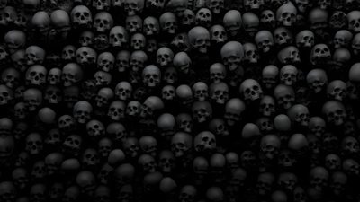 a large group of skulls are shown in black and white, as well as the background Halloween Skull For Desktop Dark Skull Aesthetic, Skull Black, Black Skull Aesthetic,