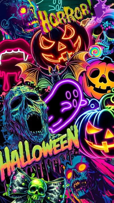 a bunch of neon colored halloween items on a black background with the words happy halloween written in Rainbow Halloween Bud Spencer Terence Hill, Halloween Live, Bud Spencer, Rainbow Halloween, dark slate gray