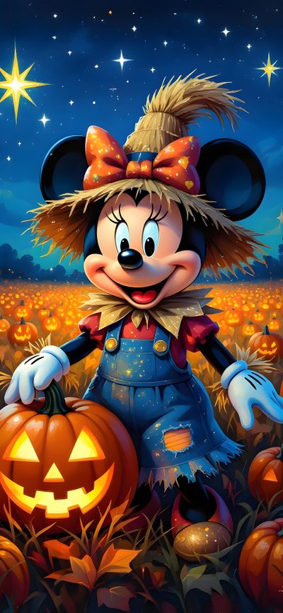 a mickey mouse dressed up as a scarecrow with pumpkins in front of it Mickey Mouse Halloween Iphone Halloween Cute, Happy Halloween Pictures, Autumn Minnie Mouse, dark slate gray