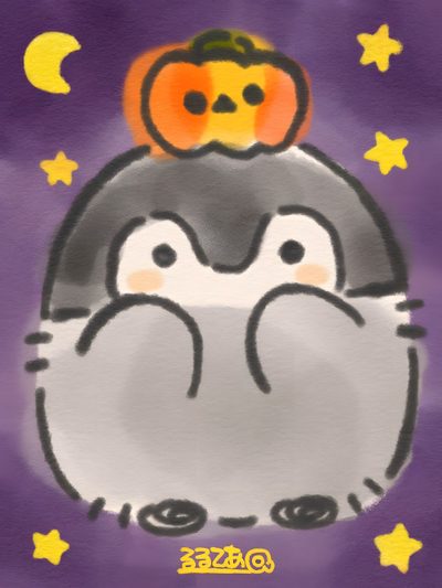 an image of a penguin with a pumpkin on its head and stars around it's neck Penguin Halloween Kawaii Halloween, Interesting Animals, Easy Doodles Drawings, Cute Animal Drawings, gray