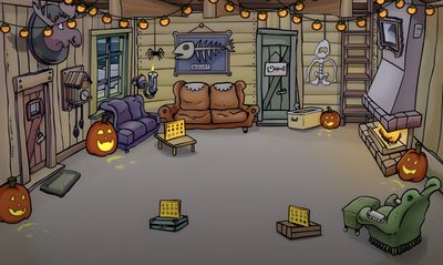 a cartoon living room with pumpkins on the floor and lights strung from the ceiling Club Penguin Halloween Club Penguin Lodge, Club Penguin Halloween, Penguin Place Background, dim gray