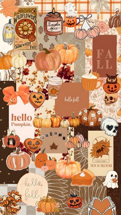 a collage of pumpkins and other items Preppy Halloween Collage Cute Fall Ipad, Pastel Rainbow, Cute Fall Aesthetic Thanksgiving Collage, peru