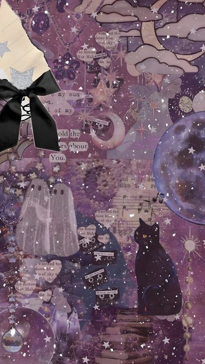 an artistic painting with cats, ghost and stars on the background in purple tones for halloween Aesthetic Purple Purple Aesthetic Cute Halloween Purple Halloween, Purple Aesthetic Cute Halloween, Aesthetic Purple Witch, dim gray