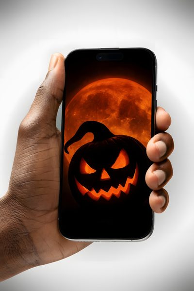 a hand holding an iphone with a halloween pumpkin on it and the moon in the background Modern Smartphone With Halloween Desktop, Phone, Halloween, Mobile, Dark, Tattoo You, rosy brown