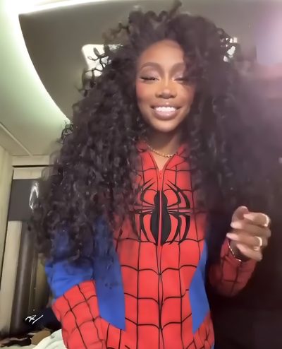 a woman with long curly hair wearing a spiderman shirt and holding a cell phone Sza Halloween Sza Bow, Sza Halloween Custome, Sza Catwoman, Sza Pfp Funny, Sza Icons Funny, dark olive green
