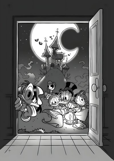 an open door with cartoon characters in it and the moon behind them, as well as a Ducktales Ghosts Of Halloween Ducktales Halloween, dark slate gray