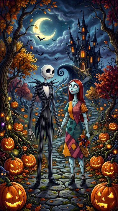 a couple in halloween costumes standing next to each other This Is Halloween Nightmare Before Christmas The Nightmare Before Christmas Pictures, The Nightmare Before Christmas Halloween, Jack And Sally Art, dark slate gray