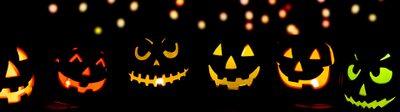 halloween pumpkins lit up in the dark with glowing eyes and mouths, all carved into different shapes Halloween Facebook Cover Halloween Facebook Cover, Facebook Cover Photos Halloween, Halloween Fb Banners, black