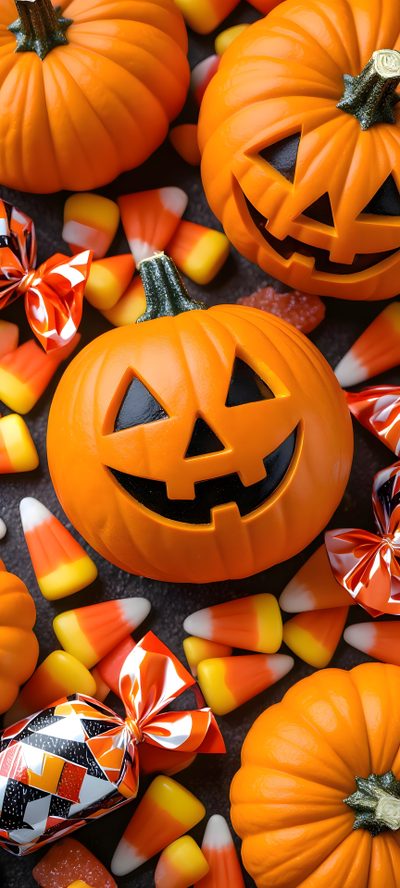 halloween pumpkins and candy on a table Halloween Candy Iphone Halloween Backgrounds, Halloween Scene, Halloween Images, Fall Patterns, chocolate