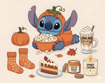 a cartoon character is eating some food and drinking coffee while surrounded by fall leaves, pumpkins, and other items Stitch Halloween Laptop Fall Background, Stitch Drawing, Cute Animal Drawings Kawaii, antique white