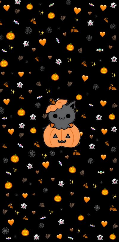 a black background with lots of orange and white hearts, cats and pumpkins on it Kawaii Halloween Halloween Kawaii Cute Black Cat Kitty Halloween Background, Halloween Kitty, Preppy Halloween Cat,